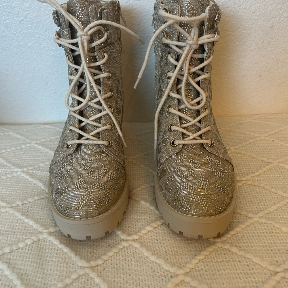 Gianni Bini Lace Up Boots - Gold and Cream